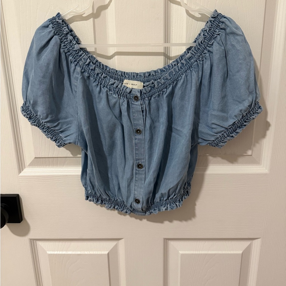 Cleo + Wold Light Blue Denim Off-Shoulder Blouse